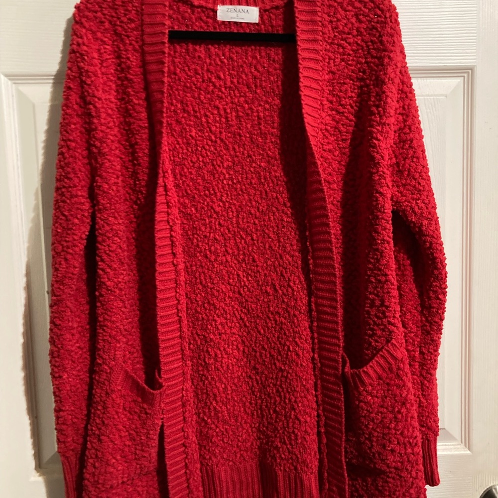 Ruby Red Popcorn cardigan sweater
